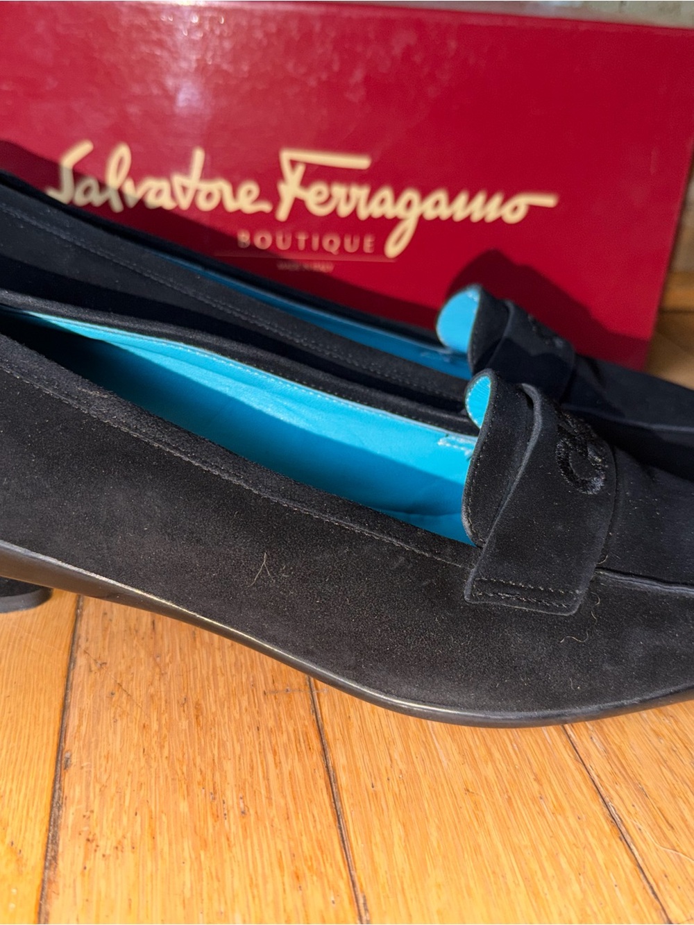 Salvatore Ferragamo Black Suede Loafers with Turquoise Interior